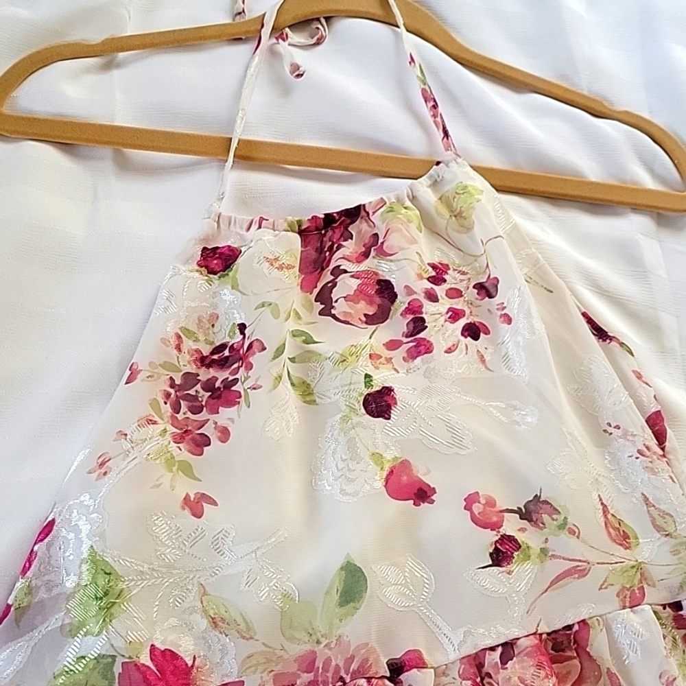 The Childrens Place Girls White Pink Rose Floral Tiered Halter Dress, Size: 14 - Picture 2 of 8